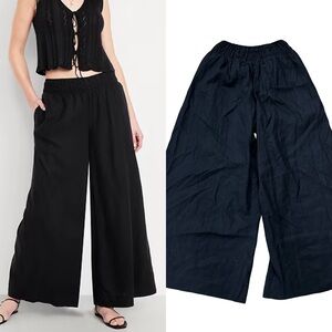 Old Navy Black Linen Blend Super Wide Leg Mid Rise Palazzo Pants Sz XS Stretchy